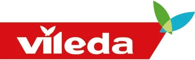 The Vileda logo is displayed prominently on a red background, with abstract green and blue shapes resembling leaves or wings to the right.