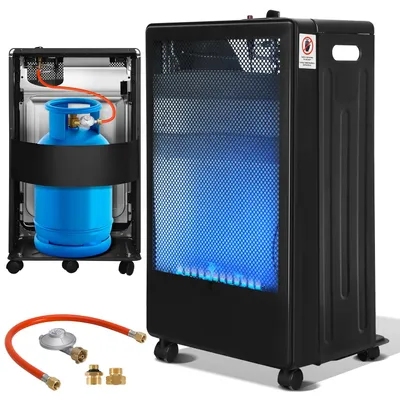 Immagine prodotto di Stufa a gas da 3800 W, modello Blue Flame, con 2 livelli di riscaldamento, sistema ODS (controllo automatico della combustione), accensione piezoelettrica, tubo del gas e regolatore di pressione, e dotata di 5 ruote