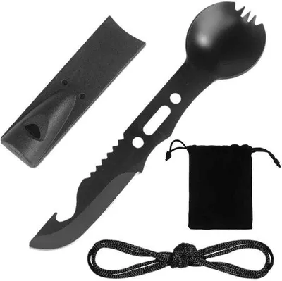 Productafbeelding van Multifunctioneel campingbestek van roestvrij staal - 5-in-1 - inclusief draagtas - outdoor set - campingaccessoires