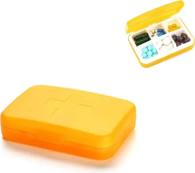 Immagine prodotto di Portapillole settimanale con 6 scomparti per 7 giorni, organizer portatile per farmaci in arancione