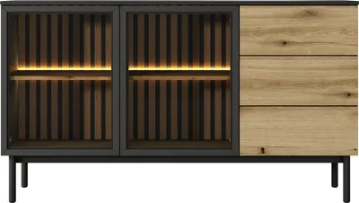 Produktbild von Industrial Sideboard – Skandinavische Kommode 150x85x39 cm – Schwarz & Eiche Evoke mit Gehärtetem Glas – LED Beleuchtung – Push to Open – 2 Glastüren & 3 Schubladen – Lamellen & Metallfüße – HOLMRIC