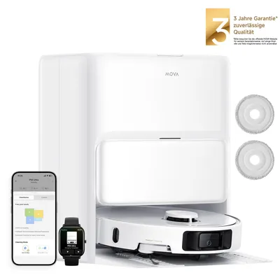 A white robot vacuum cleaner with its charging station, a smartphone, and a smartwatch are displayed against a white background. Two circular cleaning pads are also shown.