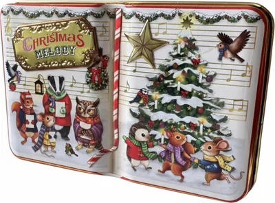 Produktbild von Mini Blechdose in Buchform Geschenkbox nostalgisch mit Tiermotiven und Weihnachtsbaum Metalldose mit Deckel 14 cm x 8,5 cm