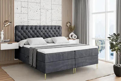Produktbild von ALTDECOR  Boxspringbett mit Gold Füßen, Matratze und Lattenrost, Boxbett, Topper, Polsterbett mit Bettkasten, Bett mit Stauraum H4-Matratze, Doppelbett - BOXI8-FZ- 140x200 - Dunkelgrau Samt
