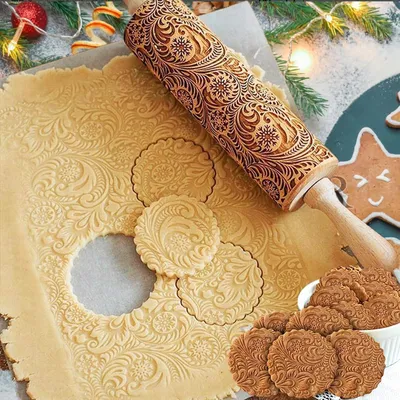 Zdjęcie produktu dla Wałek do ciasta grawerowany 3D drewniany świąteczny 22 cm