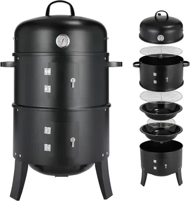 Immagine prodotto di Barbecue affumicatore 3-in-1 - Griglia a carbone - Termometro - 3 griglie con ganci - Ghisa smaltata - Facile da pulire - Con maniglia