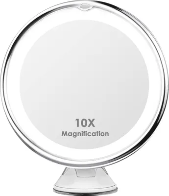 A white LED makeup mirror with a suction cup base is shown against a white background.