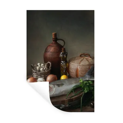 Produktbild von MuchoWow® Wandtattoo Wandsticker Wandaufkleber Rustikal - Fisch - Stilleben - Gemüse - Kräuter 40x60 cm Selbstklebend und Repositionierbar - Wierderverwendbar - Selbstklebend