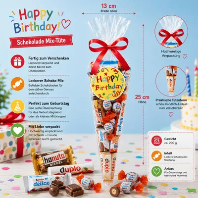 Produktbild von Kinder Schoko-Bons Geschenktüte 200 g – Happy Birthday – Geburtstagsgeschenk mit Schoko-Bons – Süßes Mitbringsel – Candy & Bar®, KI-generiertes Bild