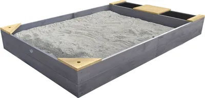 Produktbild von AXI Kelly Sandkasten aus Holz mit Sitzbank, Sitzecken & Behältern für z.B. Wasser | Sandbox für Kinder in Grau & Braun | 180 x 115 cm
