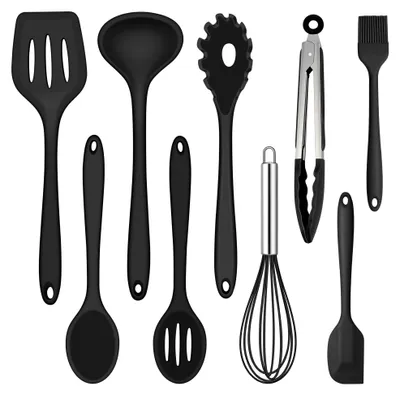 9-tlg. Silikon-Küchenhelfer-Set, schwarz, hitzebeständig, antihaft