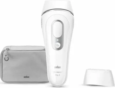 A white Braun Silk-expert Pro IPL PL3020 hair removal device is shown with a gray storage pouch and a white charging base against a white background.