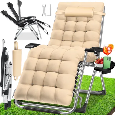 Produktbild von Kesser Gartenliege klappbar, Zero Gravity, verstellbare Rückenlehne, inkl. Auflage & Kissen, Getränkehalter, extra groß, Teslin-Gewebe, für Garten, Strand & Innenräume, 77x72x180cm