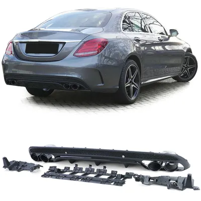 Produktbild von carparts online GmbH Heckdiffusor Sport Schwarz für Mercedes C-Klasse W205 Limousine (2013-2018), Edelstahl mit Endrohren, passgenau, mit Halterungen für PDC-Sensoren, nur für AMG-Line Stoßstange.