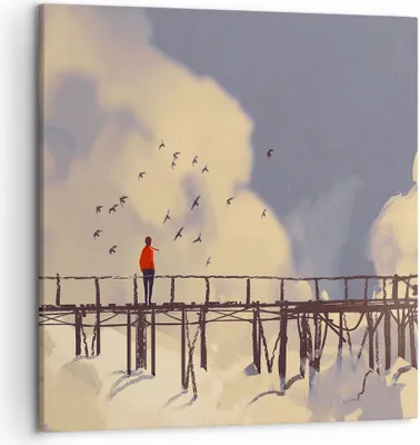Produktbild von Bild auf Leinwand - Leinwandbild - Wolken Brücke Vögel Landschaft - 50x50cm - Wand Bild - Wanddeko - Leinwanddruck - Bilder - Kunstdruck - Wanddekoration - Leinwand bilder - Wandkunst - AC50x50-3200