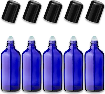 Produktbild von 5x Blaue Glasflasche 100 ml Roll-On mit schwarzem Schraubverschluss