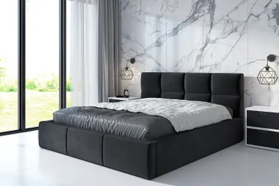 A modern bedroom with a large bed, marble wall, and large windows.