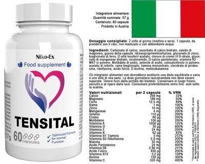A bottle of food supplement with nutritional information and an Italian flag.