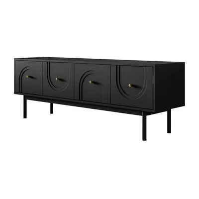 A black TV cabinet with four doors and gold handles, standing on thin black legs.
