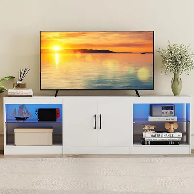Productafbeelding van Kast, vrij combineerbaar. Modulair dressoir, TV-meubel met LED-verlichting, TV-kast met open planken, TV-tafel voor televisies tot 85 inch, TV-kast, dressoir, 195x30x55 cm