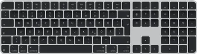 A top-down view of a full-sized Apple Magic Keyboard with a numeric keypad.