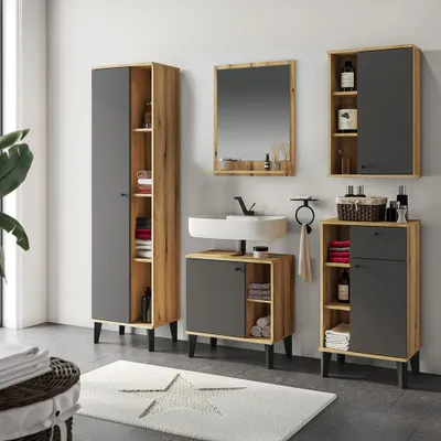 Produktbild von Badmöbel-Set 5-teilig mit Waschbeckenunterschrank 60 cm, Hochschrank, in Eiche mit grau OLEAN-61