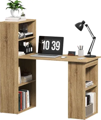 Image de HOMCOM Bureau informatique, bureau avec rangement, 6 compartiments ouverts, table d'ordinateur pour chambre, studio, 120 x 55 x 120 cm, chêne