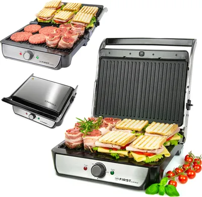 A collage of a TZS First Austria Tischgrill, showing it in use with food and also as a standalone product.