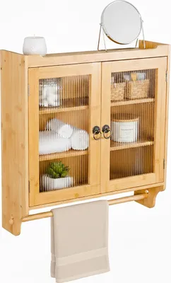 Obrázok produktu pre Relaxdays Bambusová závesná skriňa s držiakom na uteráky, 2 dvere s akrylovým sklom, rozmery: cca 63 x 60 x 18 cm, nástenná skriňa, prírodná farba
