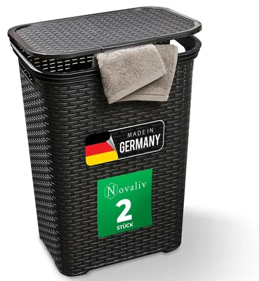 Produktbild von Novaliv 2er-Set Rattan Wäschekorb mit Deckel 60L Schwarz, Wäschebox Set Wäscheeimer Wäschebehälter modern für Bad Wäsche Schmutzwäsche, Wäschekörbe Schmutzwäschebehälter Sammler Korb