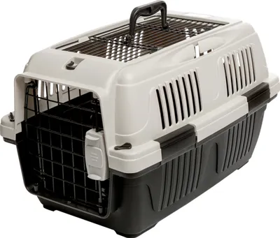 Produktbild von Dehner Lieblinge Hunde-Transportbox / Katzen-Transportbox Robbi, 35 x 37 x 57 cm, Tiergröße M, Kunststoff / Metall, hellgrau / dunkelgrau