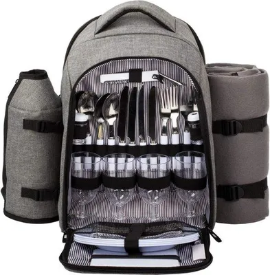 Produktbild von Picknickrucksack für 4 Personen mit Wasserfestem Design, Besteck, Kühlfach, Flaschen- und Weinhalter, Fleece-Decke und Geschirr - Grau