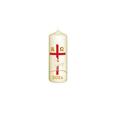 Produktbild von Osterkerze Kreuz rot, Lamm, A und O, Jahreszahl 140 x Ø 50 mm