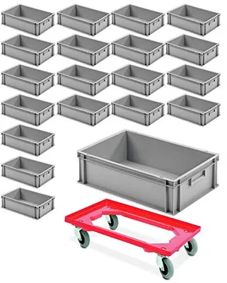 Produktbild von 20x Eurobehälter mit 2 Griffleisten, 600x400x175 mm, grau PLUS GRATIS Transportroller mit Flüsterrollen