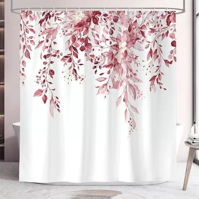 Image de Azomor : élégant rideau de douche rose à imprimé botanique pour les salles de bains modernes