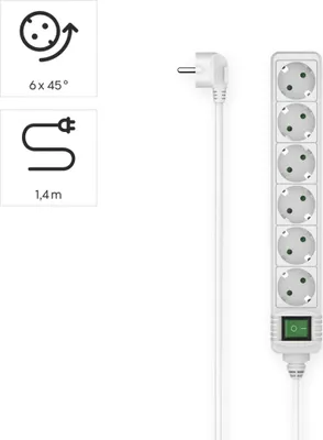 Obrázok produktu pre Hama 00223007, 1,4 m, Vnútorný, Typ F, Uhlové, Biela, 6 AC zásuvky/AC zásuviek