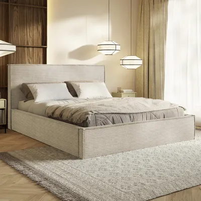 Produktbild von MOTIVENA Boho Polsterbett 160x200 mit Bettkasten, Holz Latttenrost, Bett 160x200 Beige Cord (Poso 100)