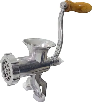 A manual meat grinder with a wooden handle is shown against a white background.