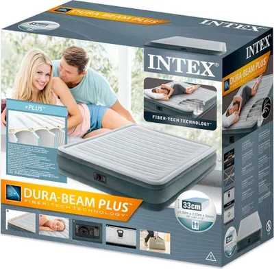 The image shows the packaging of an Intex Dura-Beam Plus airbed, featuring a couple on the bed and various product details and illustrations.