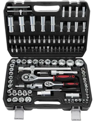 Produktbild von 108-teiliger Steckschlüsselsatz mit Ratschenkasten 1/2" & 1/4" Zoll, Bitsatz, Chrom-Vanadium-Stahl