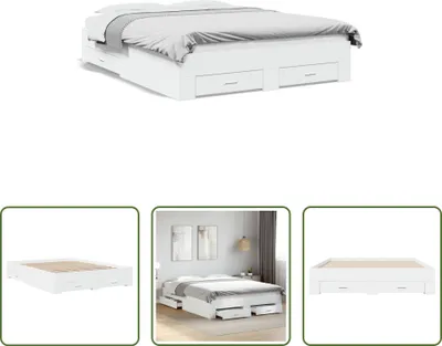 A white bed frame with drawers, shown from a slightly elevated angle.
