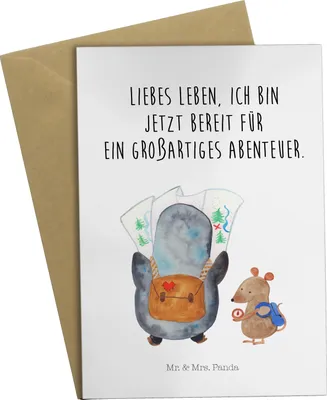 Produktbild von Mr. & Mrs. Panda Grußkarte Pinguin & Maus Wanderer - Weiß - Geschenk, Abenteuer, hochzeitskarten, Klappkarte, osterkarten, Wandern, einladungskarten, Grußkarten, Pinguine