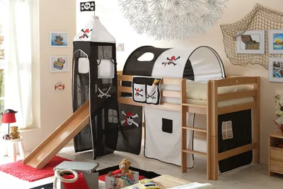 Produktbild von Rutschbett ROBI R XL Buche Natur inkl.Vorhang und Turm Pirat-Schwarz