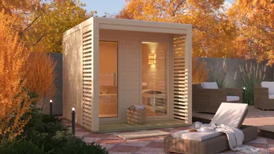Produktbild von Karibu Saunahaus Außensauna Gartensauna Angkor 2 unbehandelt ohne Zubehör 38mm Massivholz 237x276x232 cm