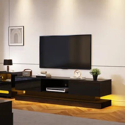 Image de OKWISH Meuble TV 160 cm - 2 Tiroirs et Éclairage LED - Noir