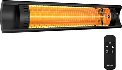 A black infrared heater with an orange heating element, shown with a black remote control.