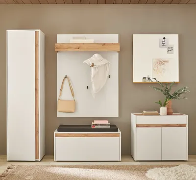 Produktbild von Garderoben Set mit Spiegel in weiß mit Eiche CRISP-61, 5-teilig modern