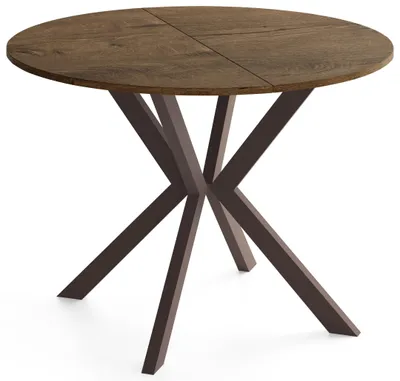 Produktbild von Runder Ausziehtisch Esstisch Ausziehbar mit Braunem Metallgestell – Valio, 100 cm Rund auf 140 cm Erweiterbar – Industrial-Loft-Design, Braune Metallbeine, Eiche Braun Rustikal,  EU