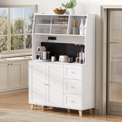 Image de Flieks Cuisine Armoire haute avec fonction de chargement, buffet de cuisine avec plateau perforé, highboard de cuisine avec espace de rangement, 120x40x184cm, Blanc