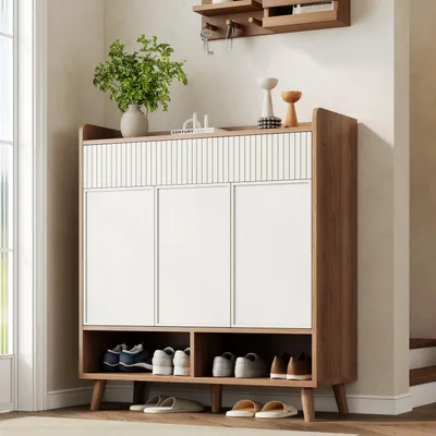 Obrázek produktu pro Komoda na boty Flieks se 3 dvířky a 2 zásuvkami, botník s dřevěnými nohami, 90 × 35 × 100 cm, bílá + vzhled dřeva